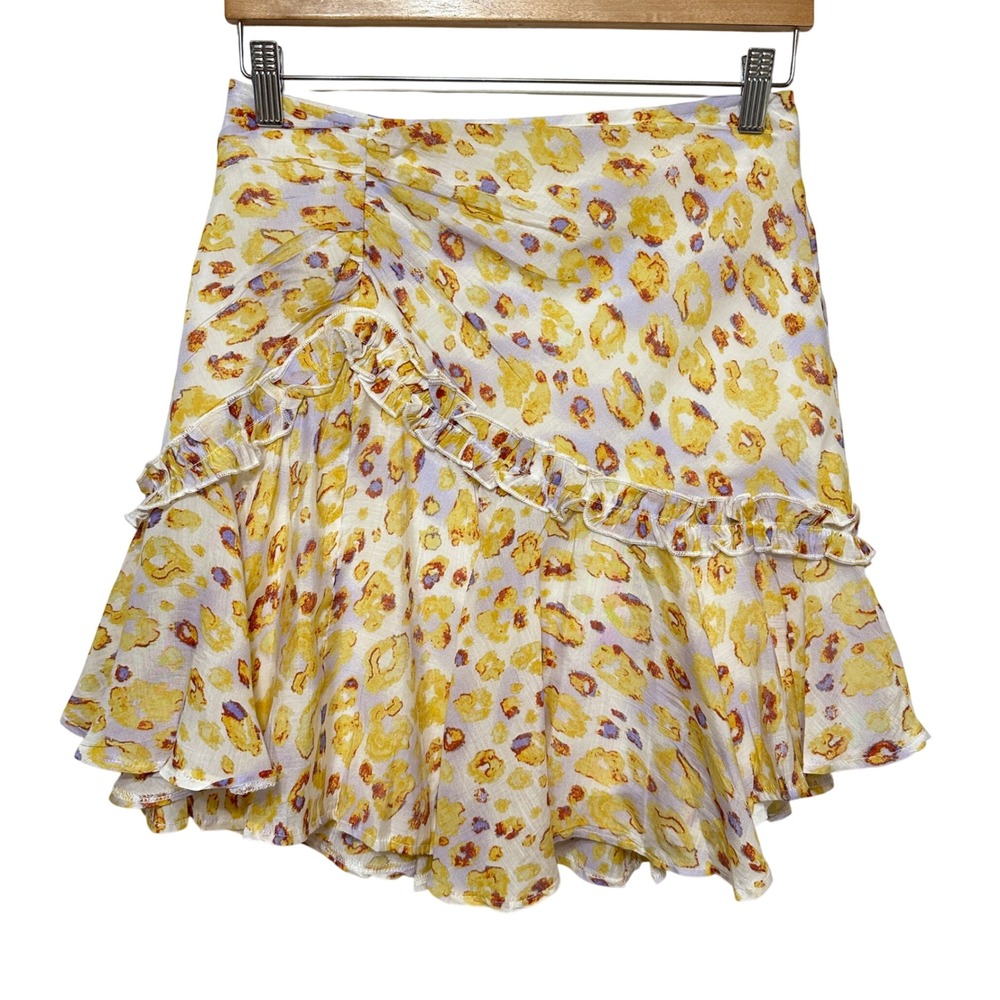 Indikah Tiered Yellow Leopard Ruffle Mini Skirt Women M Coquette French Girl NWT